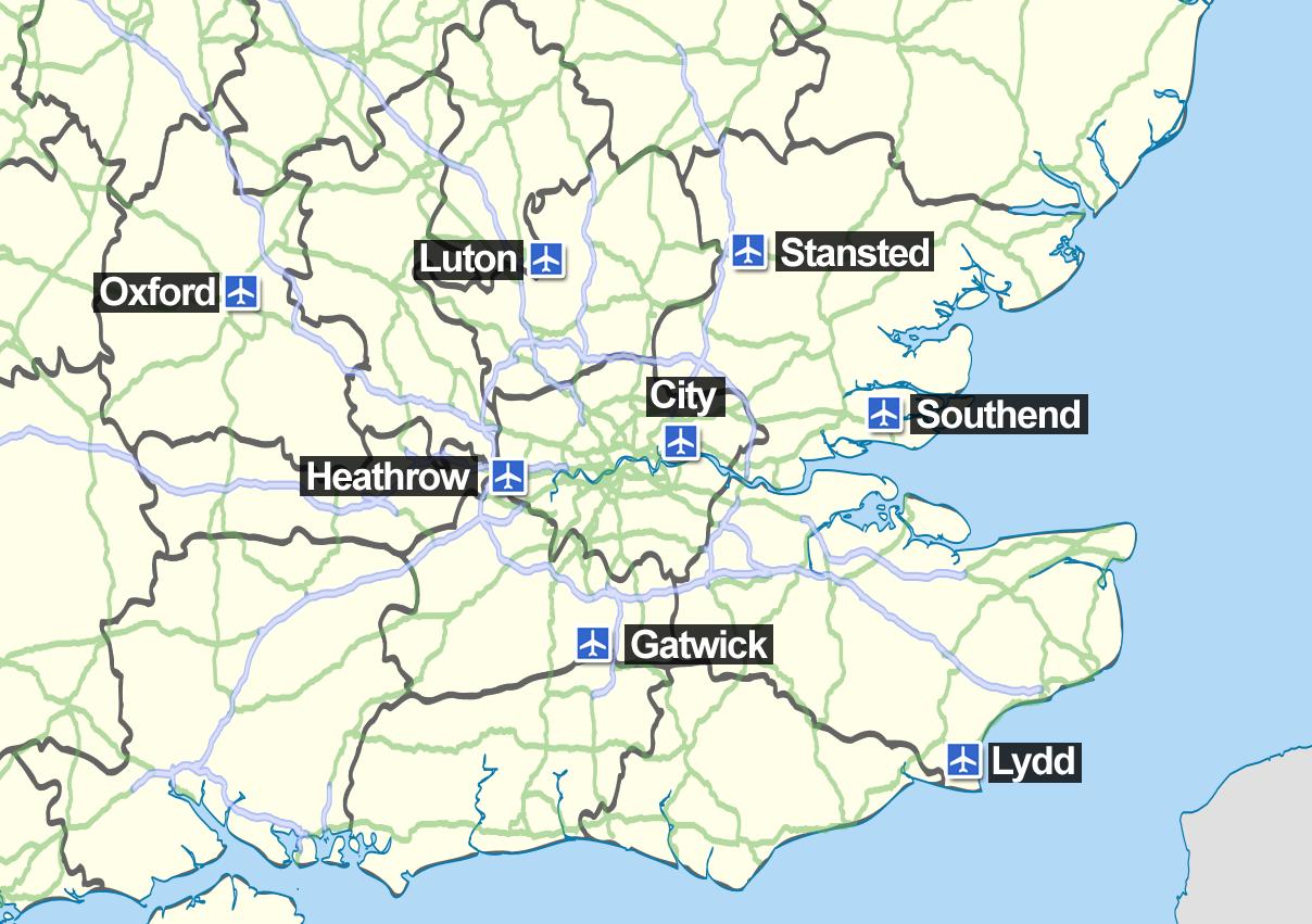 Karte Londonas lidostām - Lidostas, Londona karte (Anglija)